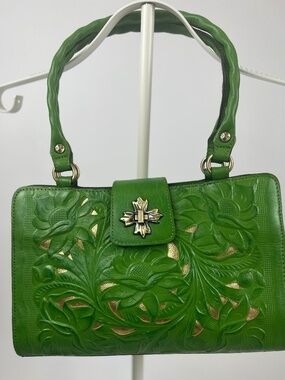 Patricia Nash Green Leather Tooled Satchel Bag Floral Embossed Top Handle Vintag